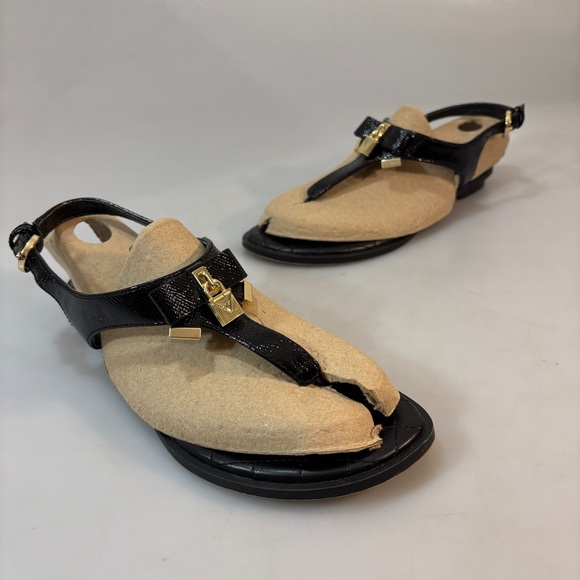Michael Michael Kors 7.5 M Alice Black Embossed Leather Thong Flat Sandals - Picture 1 of 8